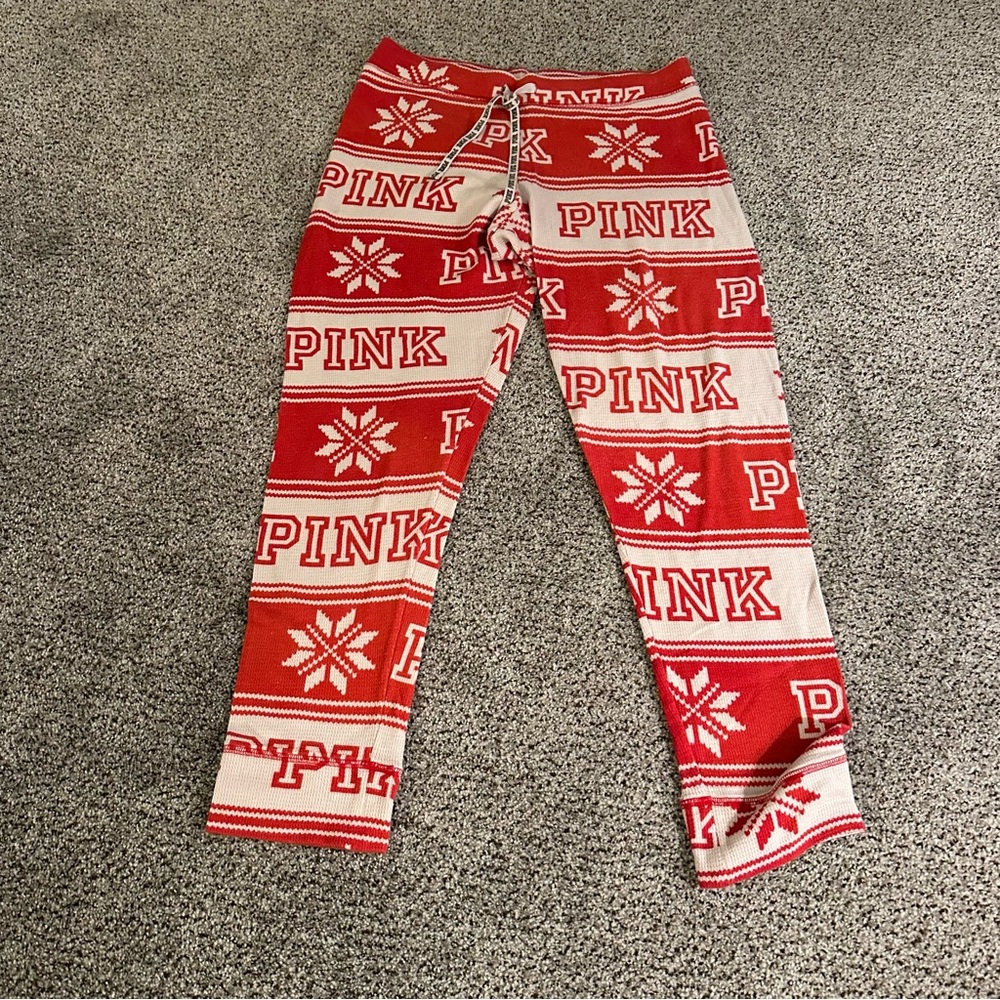 PINK Victorias Secret L Red Light Pink Fair Isle Thermal Pajamas R $79 Holiday - Picture 8 of 14
